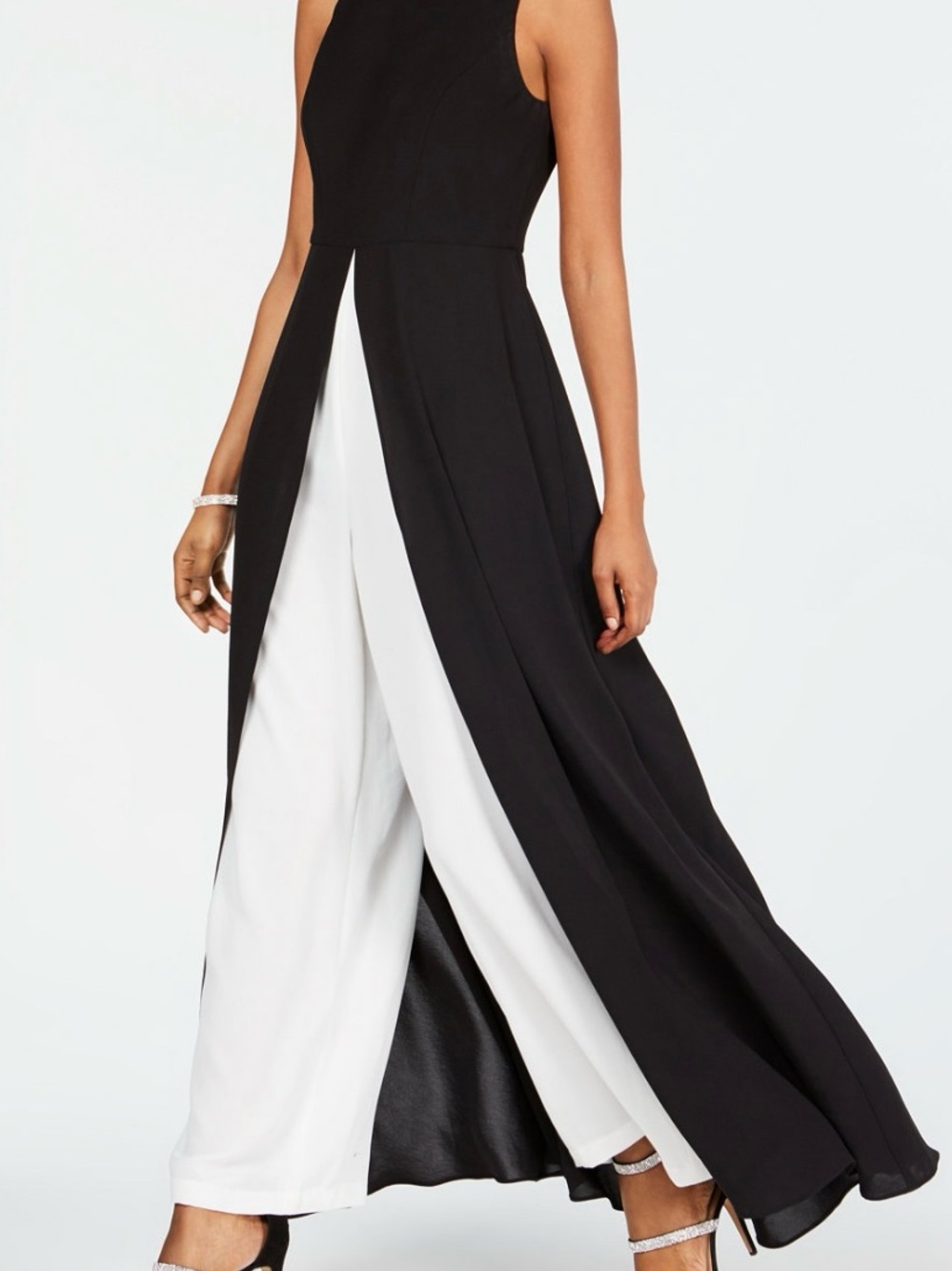 Adrianna Papell Black & White High-Slit Wide-Leg Jumpsuit